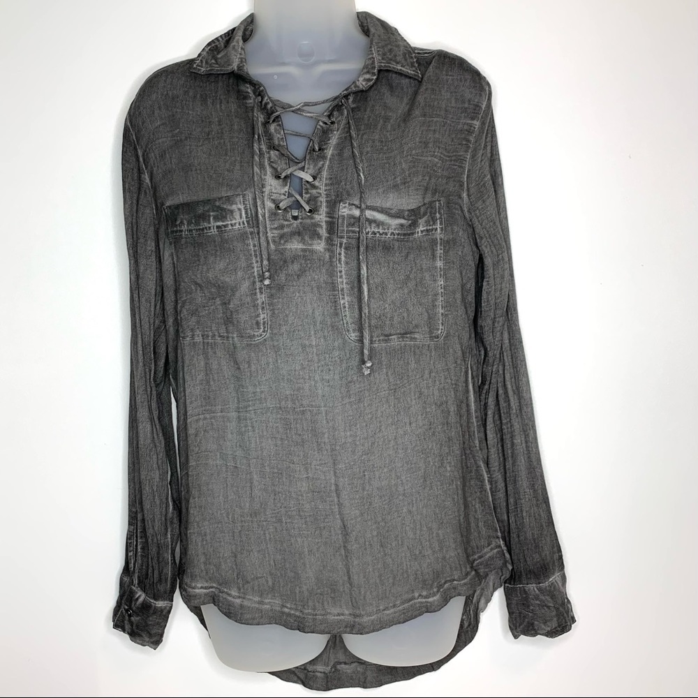 ROCK & REPUBLIC Black Acid Washed Long‎ Sleeved Lace up Front Goth Blouse Top XS